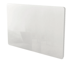 Illustration du radiateur électrique céramique Kalia Glass 1500W avec façade en verre, diffusant une chaleur homogène dans un salon moderne.