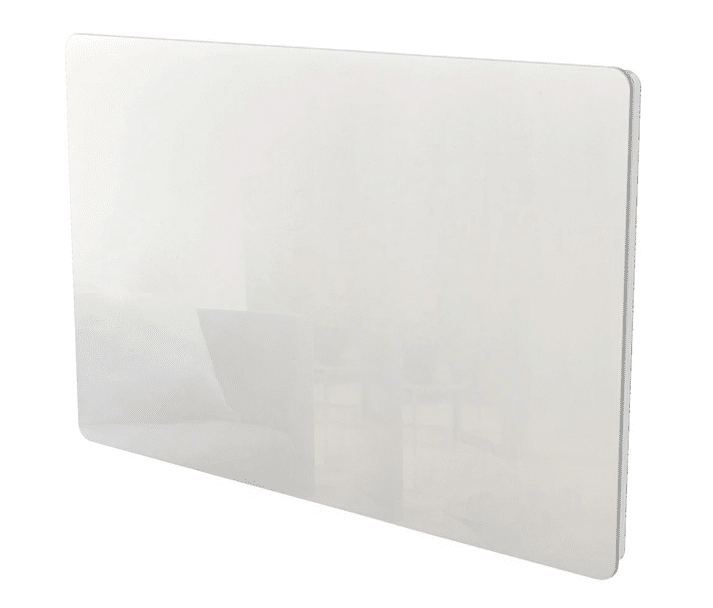 Illustration du radiateur électrique céramique Kalia Glass 1500W avec façade en verre, diffusant une chaleur homogène dans un salon moderne.