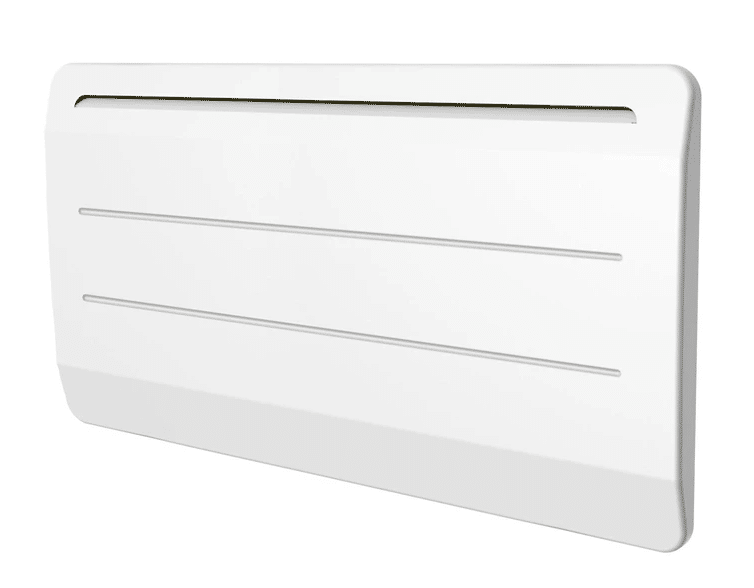 Illustration du radiateur électrique à inertie fonte Kalia MAUNA 2000W dans un salon moderne, diffusant une chaleur douce et homogène.