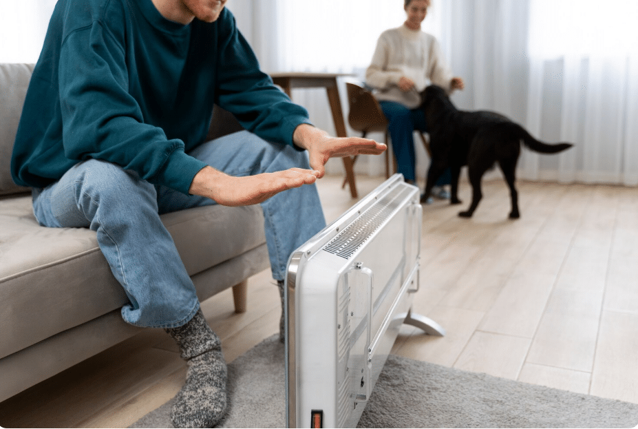 Illustration d’un radiateur basse consommation dans un salon moderne, diffusant une chaleur agréable tout en limitant la consommation électrique.