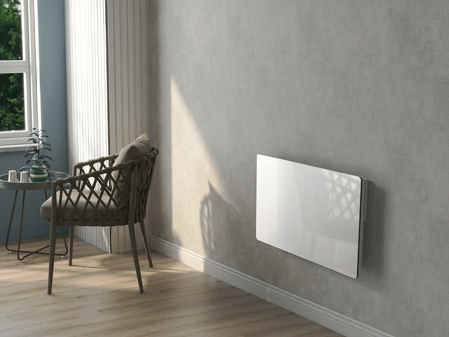 Illustration d’un radiateur à inertie dans un salon lumineux, diffusant une chaleur homogène et confortable.