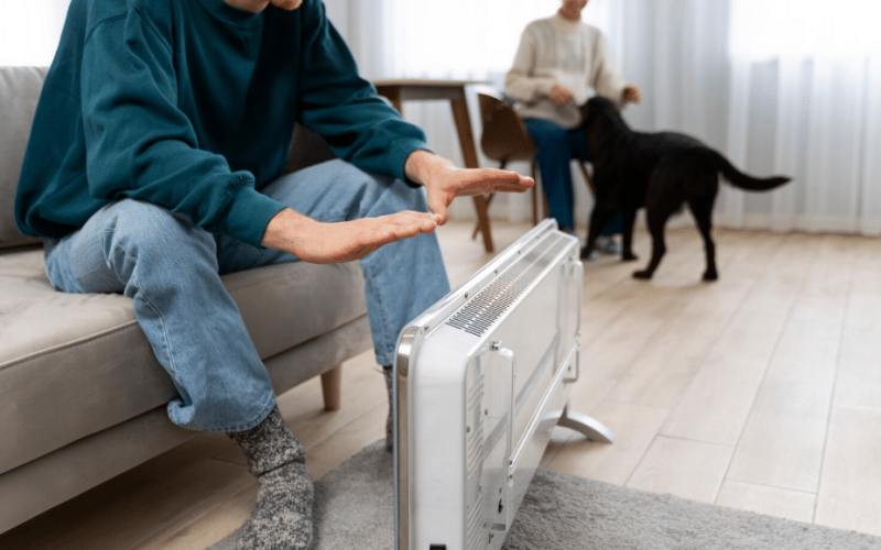 Illustration d’un radiateur basse consommation dans un salon moderne, diffusant une chaleur agréable tout en limitant la consommation électrique.